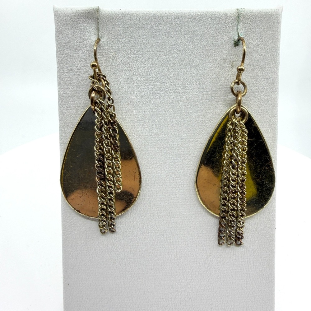 Y2K Gold Tone Teardrop Dangle Earrings Boho Fringe Statement Gift